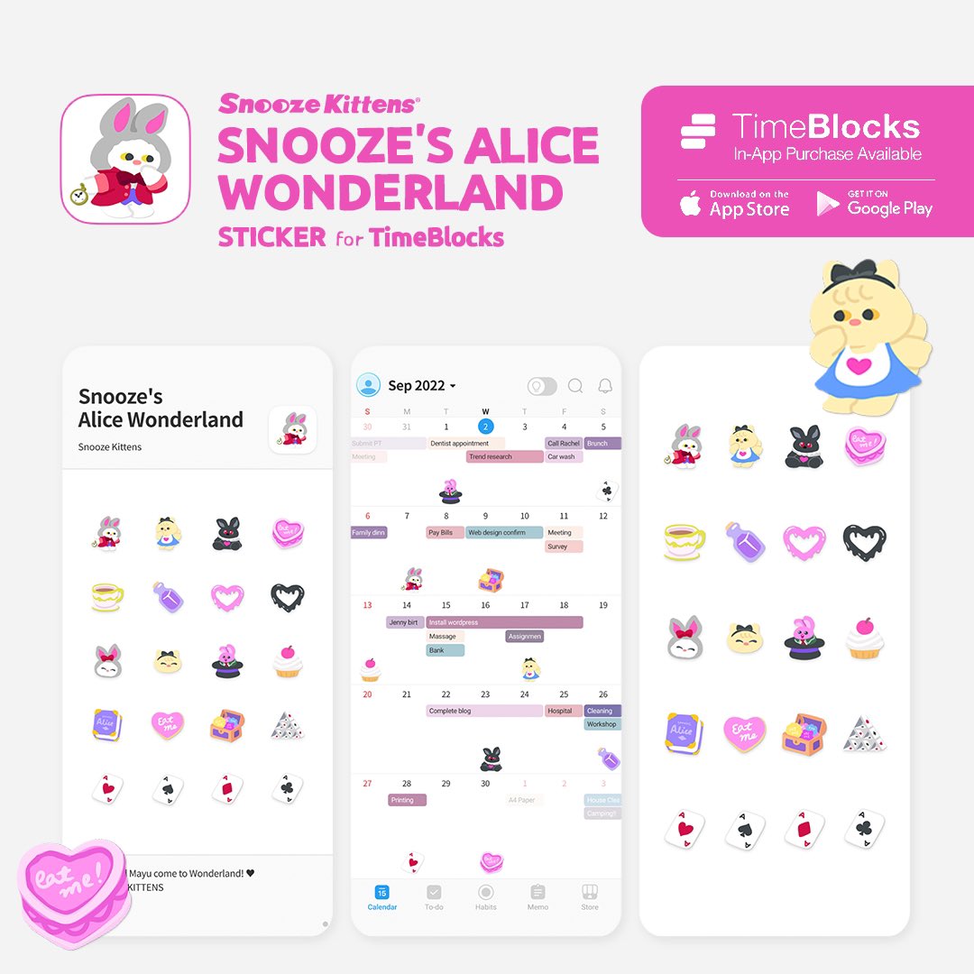 SnoozeKittens's tweet image. 스누즈키튼즈 X 타임블록스, 스누즈의 앨리스원더랜드 타임블록스 테마와 스티커가 출시되었어요!♥️♠️ 

TimeBlocks는 모바일에서도 쉽게 스케줄링 할 수 있는 다이어리앱이에요. 타임블록스 앱에서 ‘스누즈키튼즈 를 찾아주세요.

@GetTimeBlocks #스누즈키튼즈 #타임블록스 #TimeBlocks