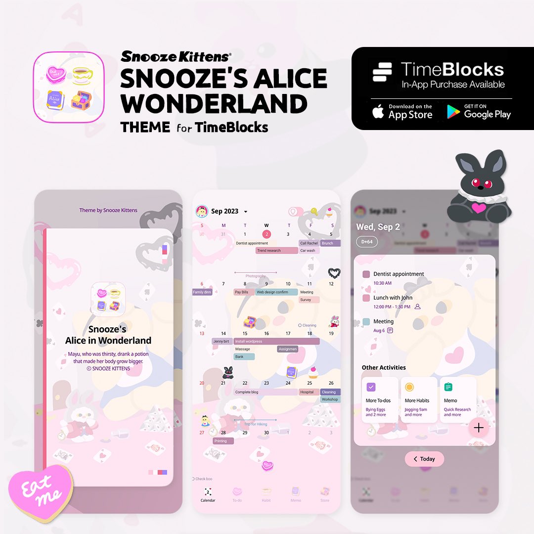 SnoozeKittens's tweet image. 스누즈키튼즈 X 타임블록스, 스누즈의 앨리스원더랜드 타임블록스 테마와 스티커가 출시되었어요!♥️♠️ 

TimeBlocks는 모바일에서도 쉽게 스케줄링 할 수 있는 다이어리앱이에요. 타임블록스 앱에서 ‘스누즈키튼즈 를 찾아주세요.

@GetTimeBlocks #스누즈키튼즈 #타임블록스 #TimeBlocks