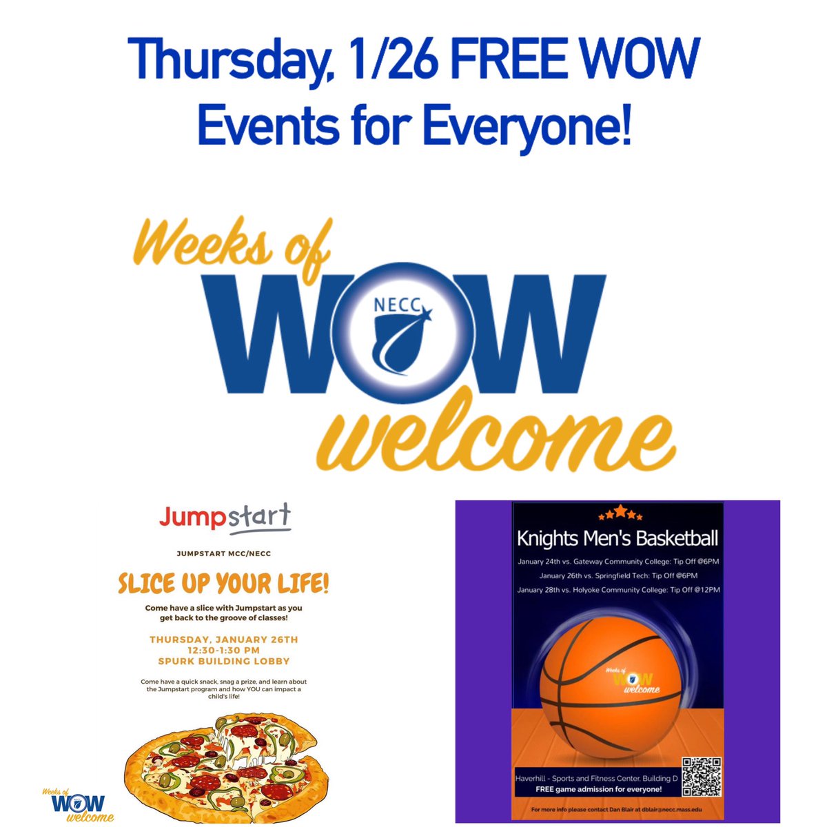 Another day full of free events for our students to welcome you to the spring semester! Grab some breakfast ☕️, visit the food 🥫pantry, play a few games of trivia ⁉️, grab a slice of pizza 🍕, and enjoy a basketball 🏀 game! Make the most out of your Thursday at NECC💛💙#NECCWOW