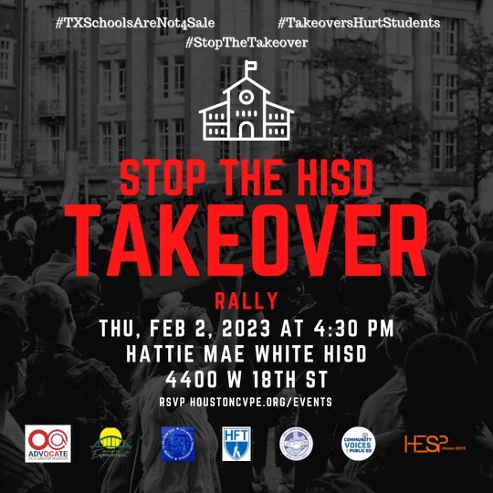 HoustonCVPE's tweet photo. All around the country state takeovers have failed, leaving school districts &amp; schoolchildren worse off than they were before. State takeovers overwhelmingly target districts w/large #s of low-income students of color. 
RSVP at https://t.co/94eC3FkNer https://t.co/nvXSYQRcQX