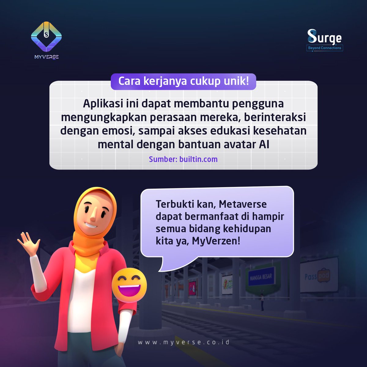 myverse_id's tweet photo. Semua hal sekarang bisa didapat dengan mudah, termasuk pengobatan untuk kesehatan mental. Setuju nggak, MyVerzen?👀

Penasaran gimana cara kerja Metaverse dalam membantu para pasien yang mengalami gangguan kesehatan mental? 

MinVerse udah rangkumin nih buat MyVerzen!🙌 https://t.co/OF6WP6c84U