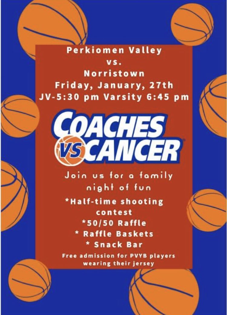 ValleyBoysBBall's tweet photo. Come out and support Coaches vs Cancer game Friday night vs Norristown.   Free admission to PVYB players wearing their jersey https://t.co/A6WqN7jWfP