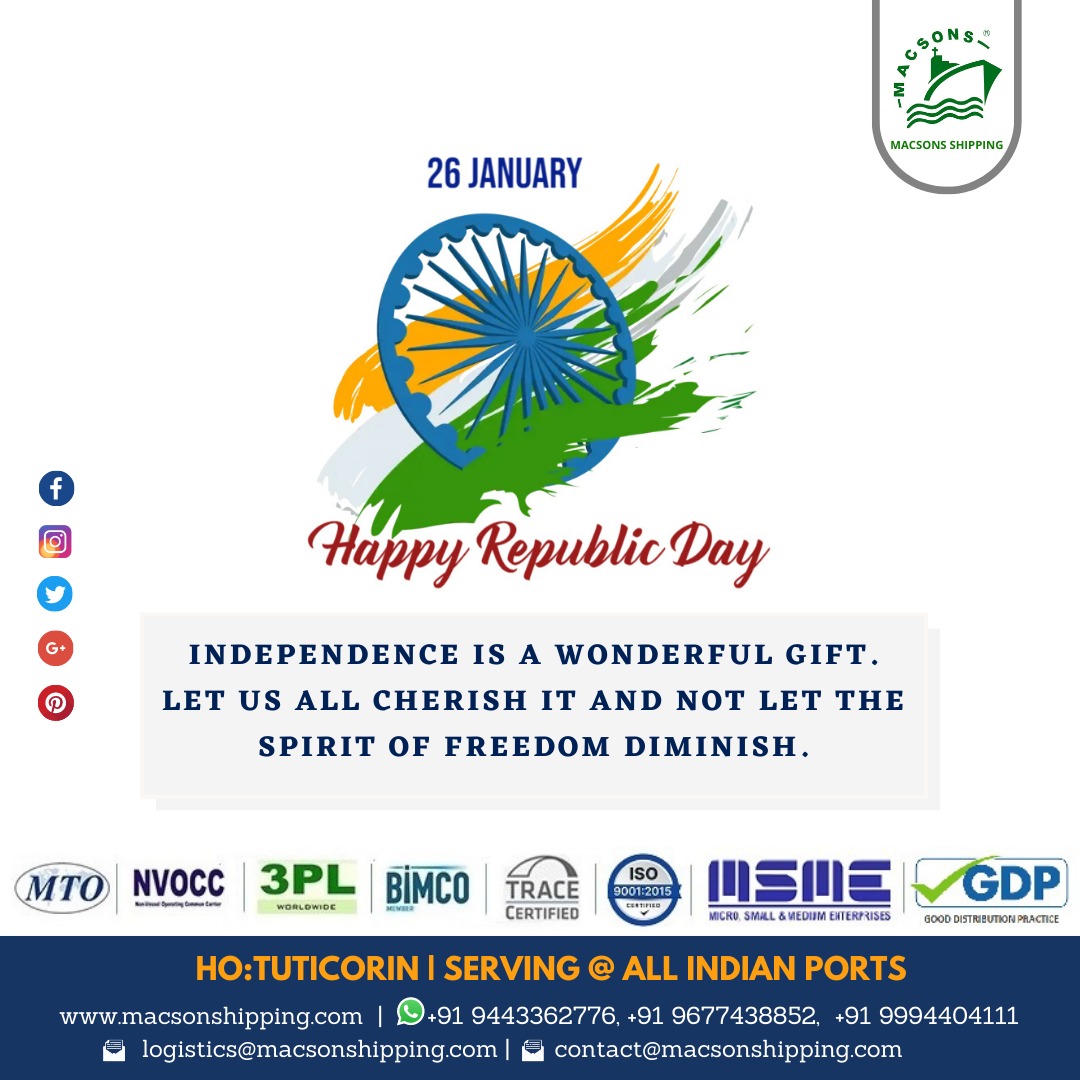 MACSONS2004's tweet photo. HAPPY REPUBLIC DAY INDIA !#RepublicDay2023 #freedom #ConstitutionOfIndia #26thJanuary #RepublicDay #jaihind #3PL #shipping #import #export #ship #Trade #ShippingNews #logistics #business #shippingcontainer #Trade #india #logistica #maritime @PMOIndia @shipmin_india @CMOTamilnadu https://t.co/p3MjPapfAZ