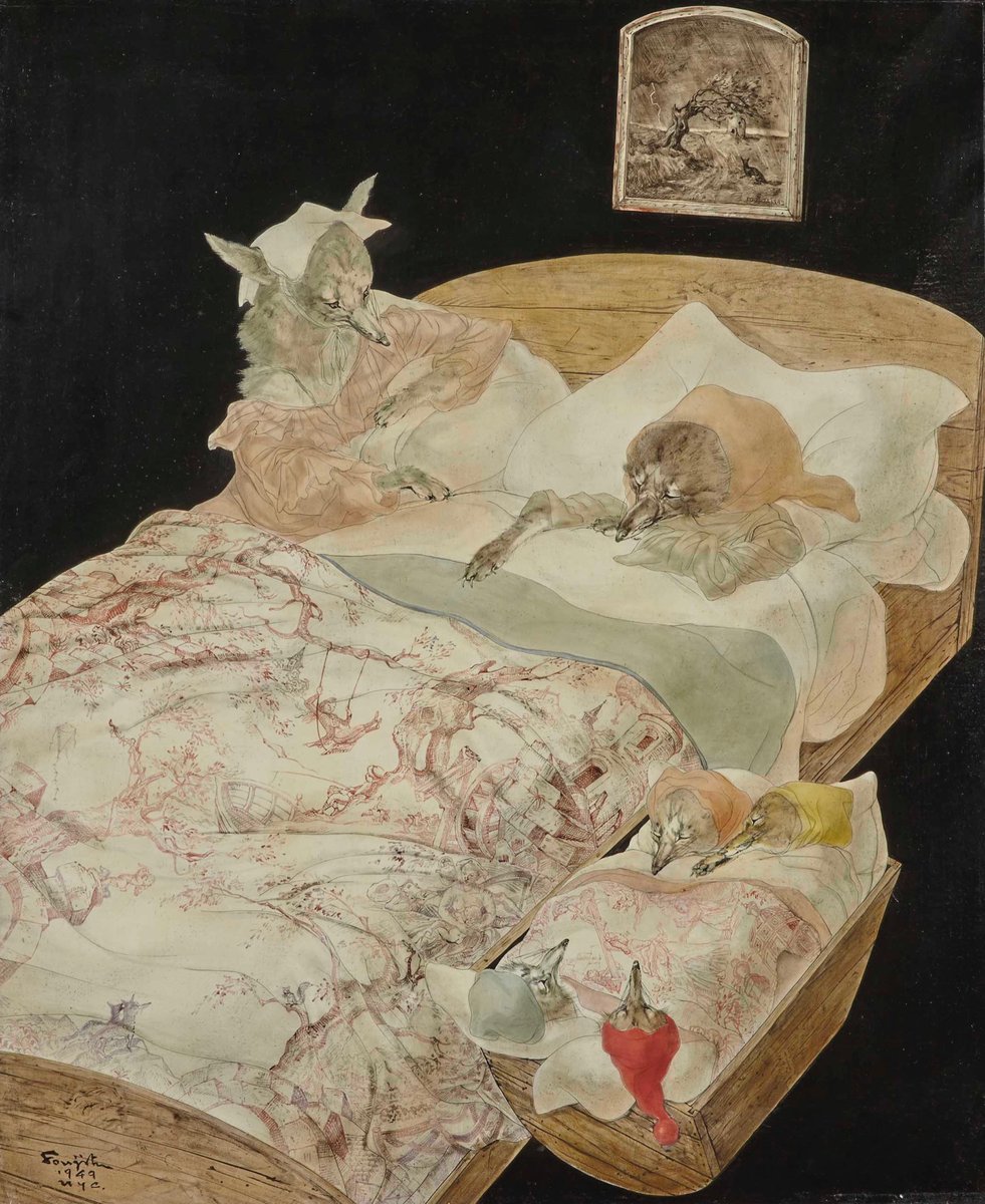 dreamingbulb's tweet photo. Léonard Tsuguharu Foujita, Le rêve (Hommage à La Fontaine), 1949, Oil and India ink on canvas https://t.co/VaKaVtIIZo