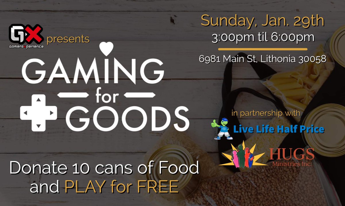 gxgaming's tweet photo. Join us this Sunday, Jan 29th for Gaming for Goods.  Our gaming event where we collect goods for those in need.  We ask that you bring 10 or more Cans of Food and you can play for FREE.  Let’s all gather to have some fun gaming while also giving back to our community. https://t.co/nrRjtI3A8j