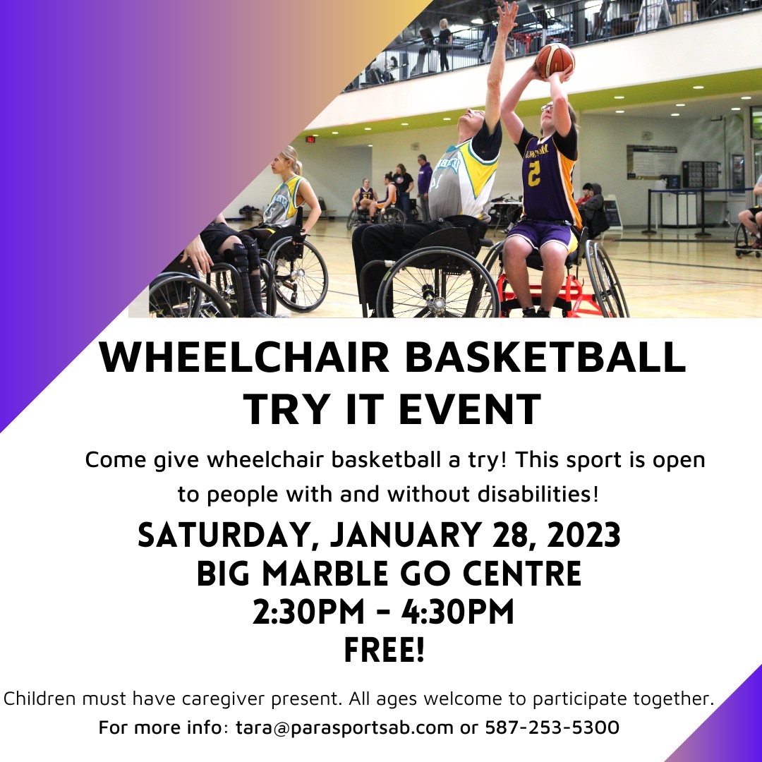 Ever wanted to give wheelchair basketball a try? Here is your chance!

We are having a free try it session on Saturday, January 28 from 2:30-4:30pm at Big Marble Go Centre. All ages and abilities welcome. No pre-registration required. #medhat