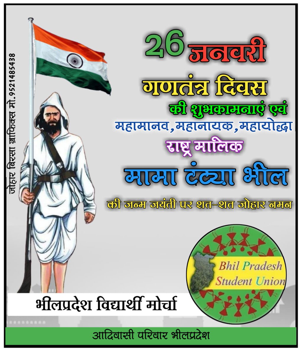 कल वह लड़े थे अंग्रेजों से हमारे लिए 
ताकि आज हम आजादी की सांस ले सकें...!

वह झूले थे फांसी पर हमारे लिए 
ताकि हम जिंदा रह सके..!

26 जनवरी गणतंत्र दिवस की शुभकामनाएं एवम महामानव महानायक महायोद्धा राष्टमालिक मामा टंट्या भील की जयंती पर शत शत जोहार नमन...!