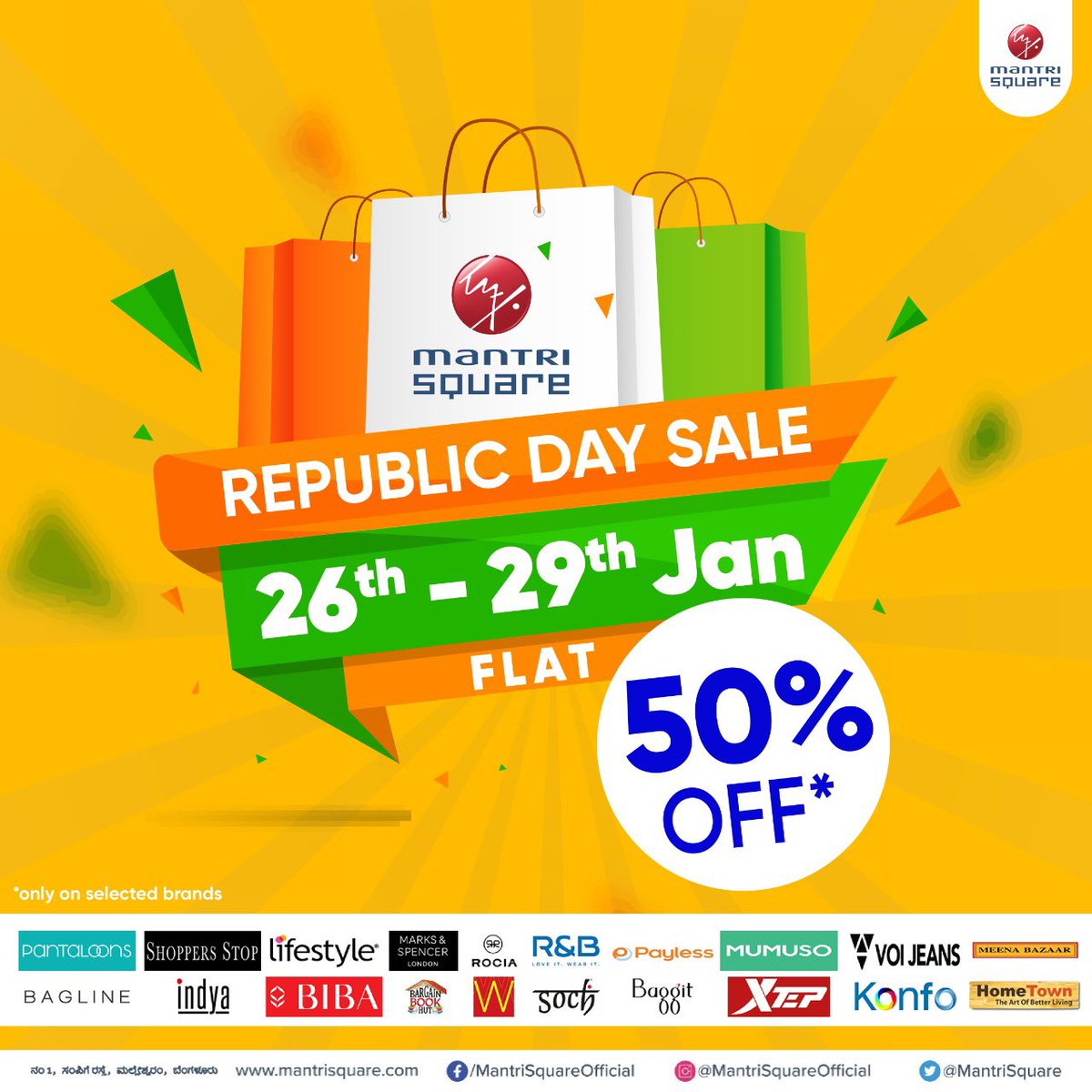 MantriRetail's tweet photo. What better way to welcome this
Republic Day than with a sale?
Get flat 50% off on your favorite pieces at #MantriSquare 

#sale #republicday #republicdaysale 
#flatsale ##discount
#discountsale #salesalesale #fashionsale #mallsofbengaluru https://t.co/xsmKV2W2to