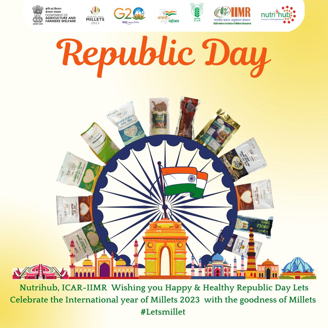 nutrihubtbi's tweet photo. #HappyRepublicDay2023 
Nutrihub, ICAR-IIMR wishing you Happy Republic Day
Lets Celebrate the International Year of Millets 2023 #iyom2023 with goodness of Millets  #letsmillet https://t.co/2CL4MBm84k