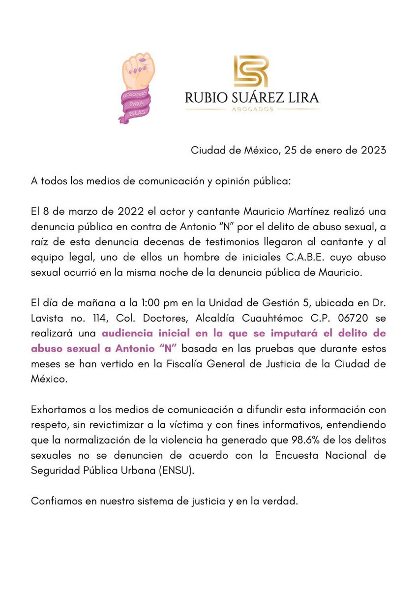 Hace 10 meses y medio denuncié pública y legalmente a mi agresor, después de 20 años de silencio. Encontré en el camino hombres que se sumaron a mi denuncia, que habían vivido lo mismo recientemente. Antonio N tiene una deuda con la justicia, en la que confiamos. MM