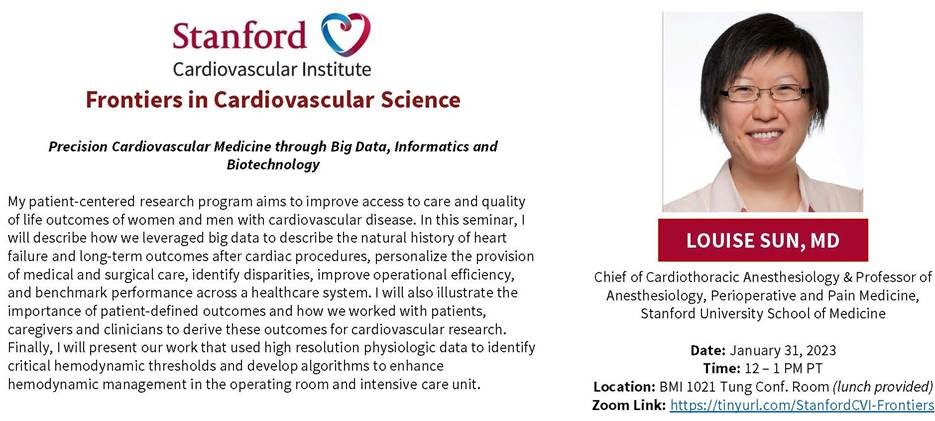 Please join <a href="/StanfordCVI/">Stanford CVI</a> seminar Tue 1/31 at 12-1pm PST by <a href="/SunLouise1/">Louise Sun</a> <a href="/StanfordAnes/">Stanford Anesthesiology</a> talk on #PrecisionMedicine &amp; #BigData
Zoom link: tinyurl.com/StanfordCVI-Fr…
<a href="/StanfordDeptMed/">Stanford Department of Medicine</a> <a href="/Stanford_ChEMH/">Sarafan ChEM-H</a> 
<a href="/ISHR_NAS/">ISHR North American Section</a> <a href="/StanfordCTSurg/">Stanford Cardiothoracic Surgery</a> 
<a href="/VascularBiol/">Vascular Biology</a> <a href="/SeanM_Wu/">Sean M Wu, MD PhD</a> <a href="/CardioNerds/">CardioNerds</a>
<a href="/StanCVFellows/">StanfordCVFellowship</a> <a href="/PMWCintl/">Precision Medicine World Conference</a>
