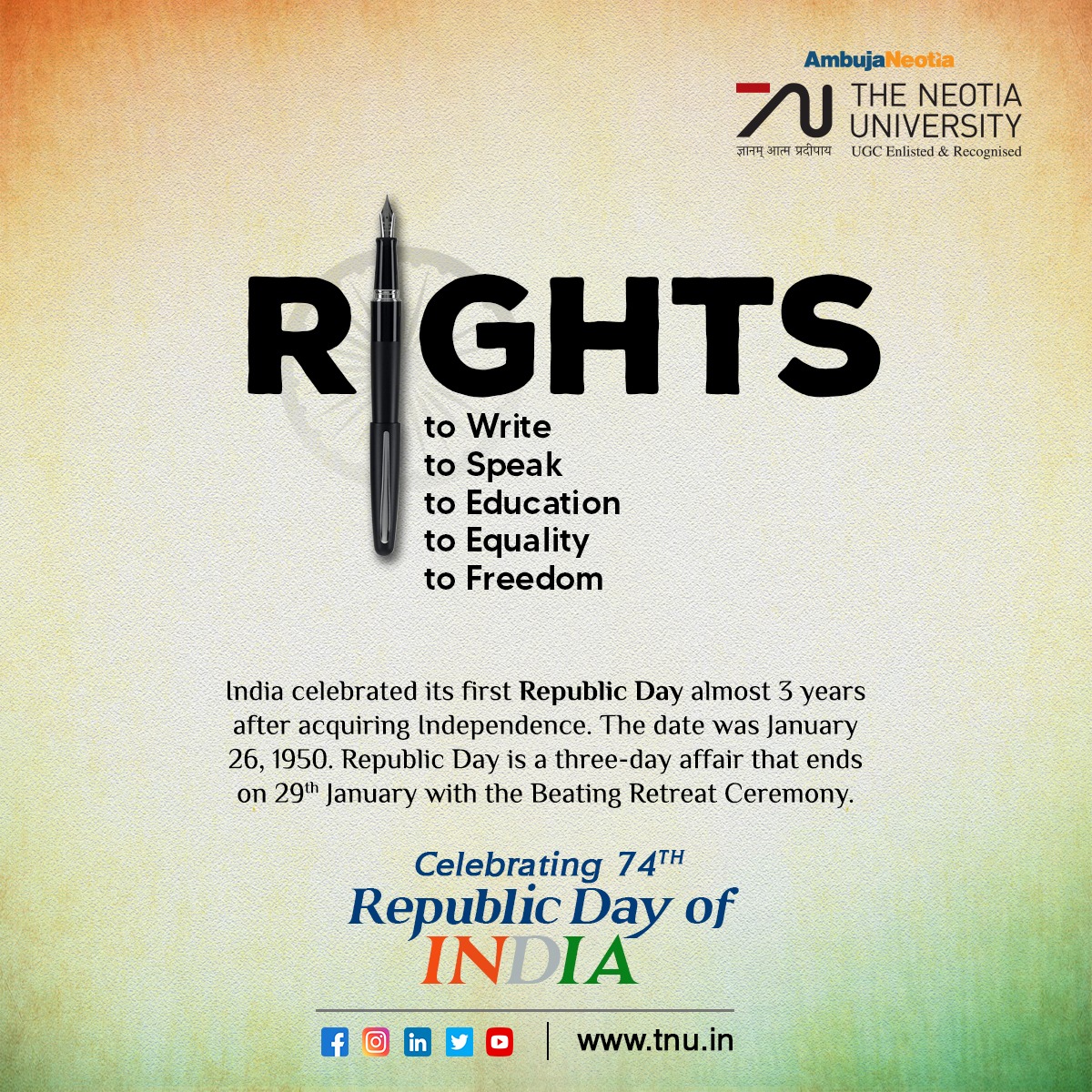 Let’s make a special vow to our motherland on this day that we would do everything in our power to enhance and protect our culture, ethos, and treasure. Cheers to the Republic!

#TheNeotiaUniversity #highereducation #students #university #republicday2023 #RepublicDay #Republic