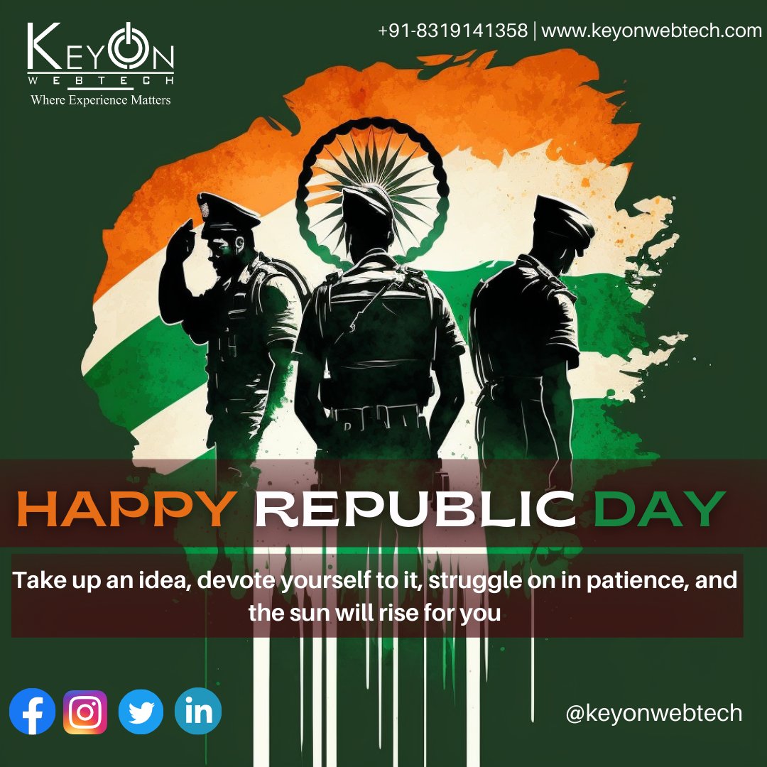 KeyonWebtech's tweet photo. May you have the happiness to make you sweet, trials to make you strong, sorrow to keep you human, and hope to bring joy to our nation. Wish you a very Happy Republic Day!
.
.
#RepublicDaycelebration #NationalPride #UnityInDiversity #Tricolor #Patriotism #ProudToBeIndia https://t.co/Et3pl7MJVv