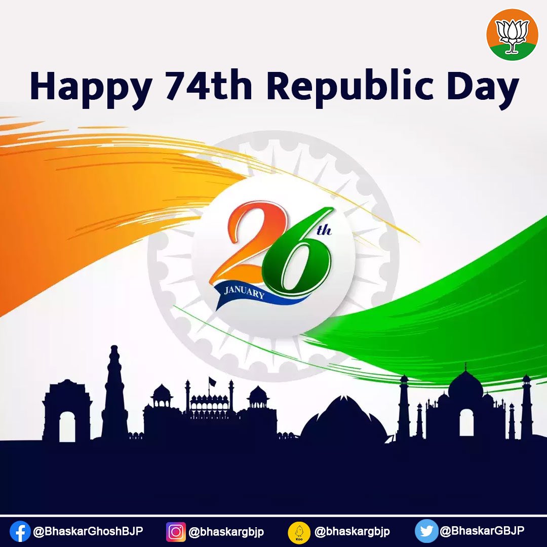 BhaskarGBJP's tweet photo. On this 74th #RepublicDay,I extend my warmest greetings to all Indians.Let's pledge our continued loyalty to our Motherland & remember the sacrifices of countless freedom fighters & strive to build a new India of their dreams. #India #74RepublicDay #RepublicDaycelebration #BGSays https://t.co/2cs2CR5Jk3