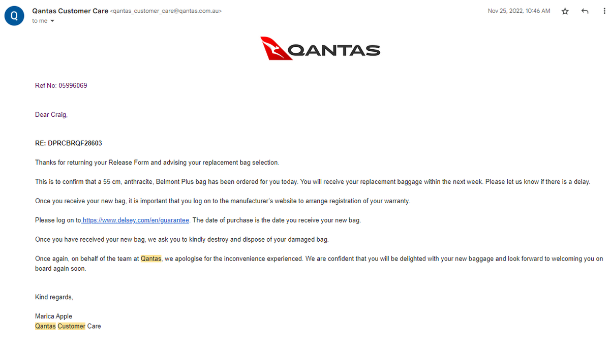craigtingram's tweet photo. @Qantas I still have not heard anything about my replacement baggage that I was told would be ordered and shipped in late November. Numerous emails and phone calls and no response.  Any chance of an update https://t.co/yXPzFo2A6C