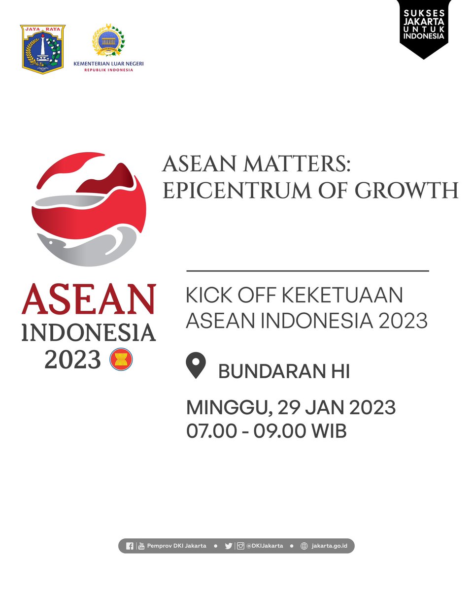 #SahabatKemlu, Kota Jakarta menjadi salah satu tempat penyelenggaraan rangkaian kegiatan/konferensi ASEAN dan akan diawali dengan kegiatan Kick off Keketuaan #ASEAN2023 di Bundaran HI, Jakarta Pusat.