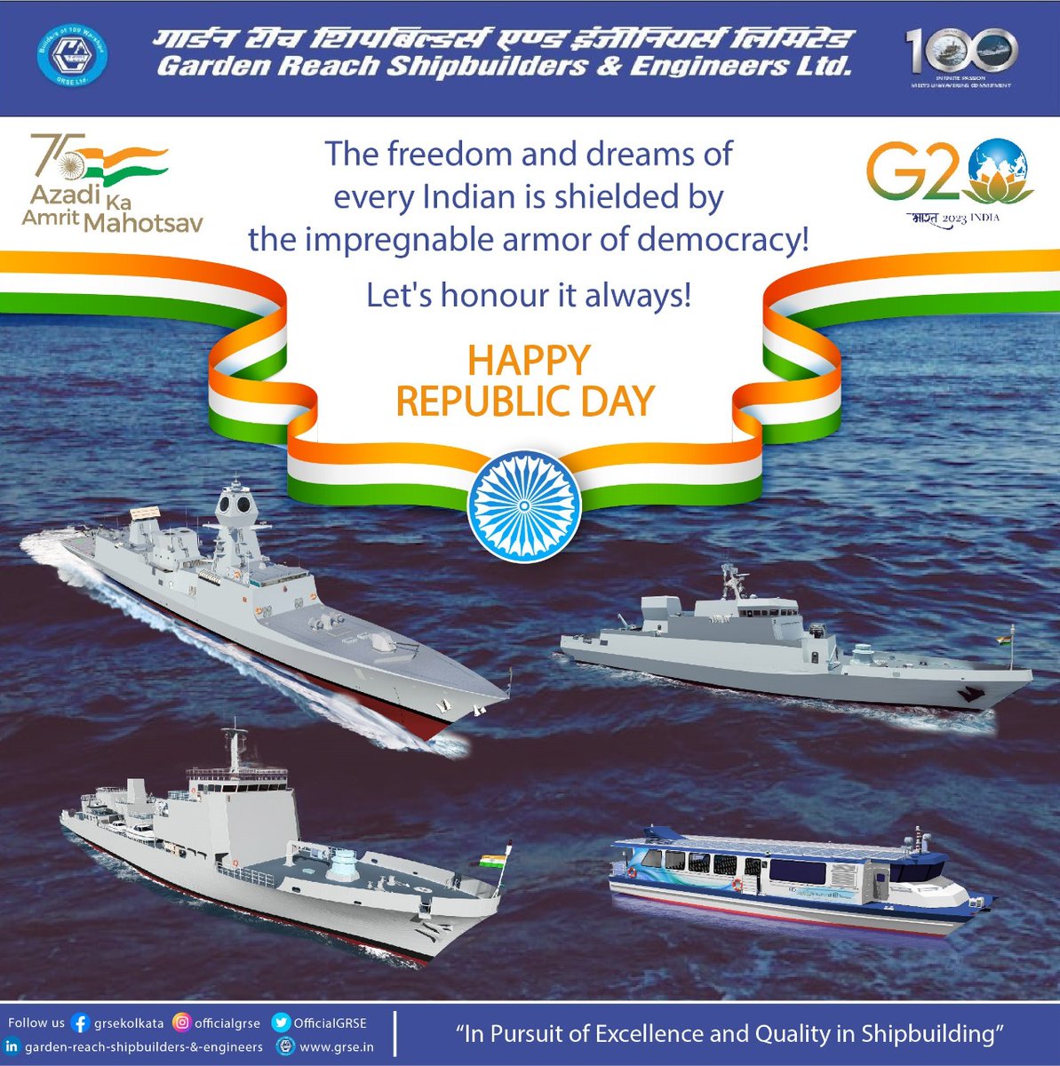 OfficialGRSE's tweet photo. Democracy is not just one of our key values. It is our strength that allows us to reach for the stars without hesitation. Let us cherish it as we celebrate #74thyear as a republic. #GRSE wishes everyone a very #HappyRepublicDay
#26January #MoD #RMOIndia #IndianNavy #ICG https://t.co/5cNCpelSoA