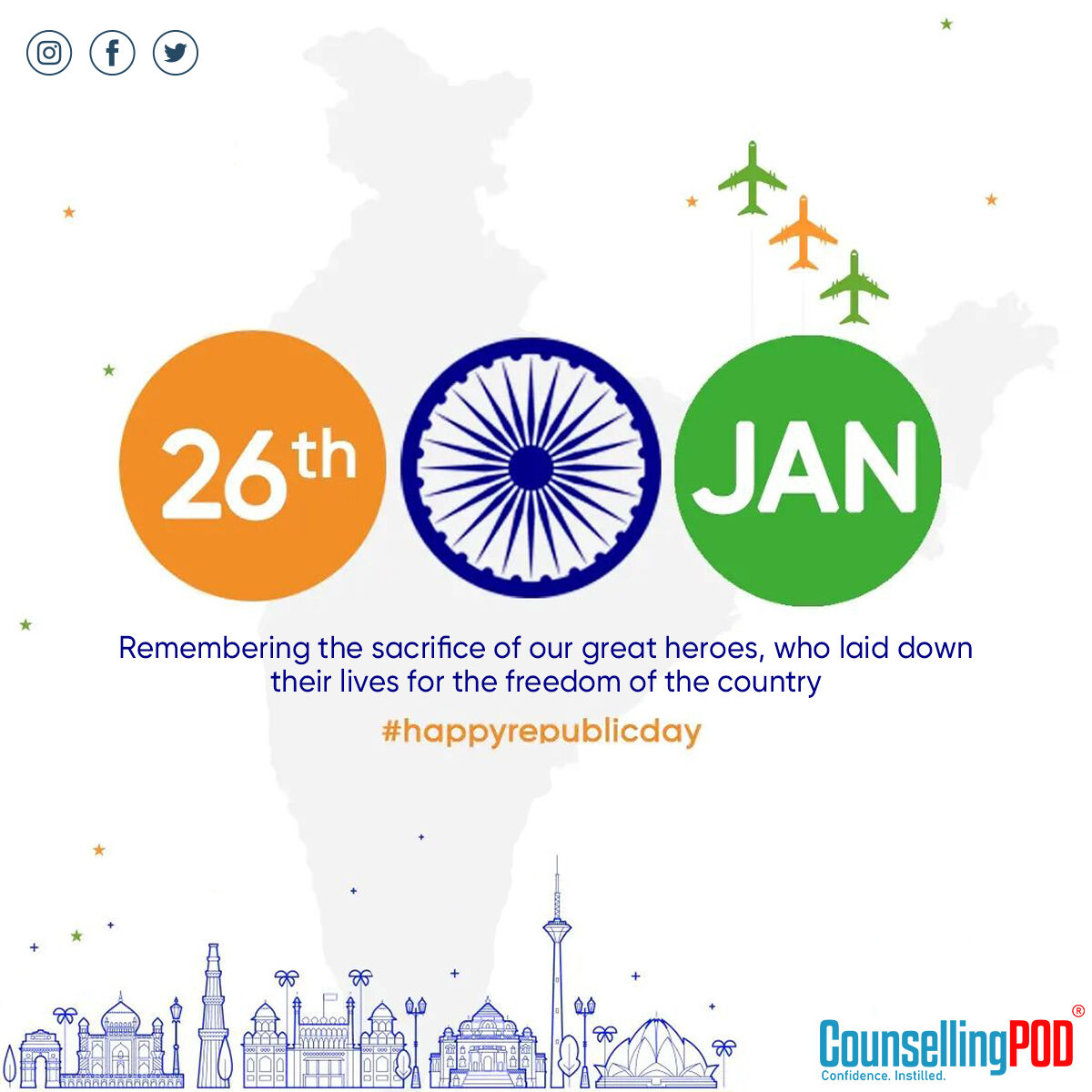 CounsellingPOD's tweet photo. The freedom of India was extremely expensive, as it came through the blood, toil, sweat and sacrifices of our freedom fighters. This #RepublicDay, let's remember them with all our heart. They are our real pride..
.
.
#happyrepublicday #republicday #republicdayindia #indianrepubli https://t.co/A2AZmus7ax
