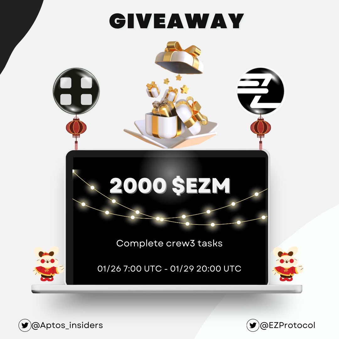GIVEAWAY 2000 $EZM TOKENS @EZProtocol😍

EZ Finance deployed smart-contract in #Aptos blockchain!

2000 $EZM tokens for 5 lucky members👇
1/ Complete crew3 quest #EZFinance (2000 $EZM): crew3.xyz/c/aptinsiders/
2/ Tag 3 fens to start

#Aptos #AptosNetwork #Airdrop