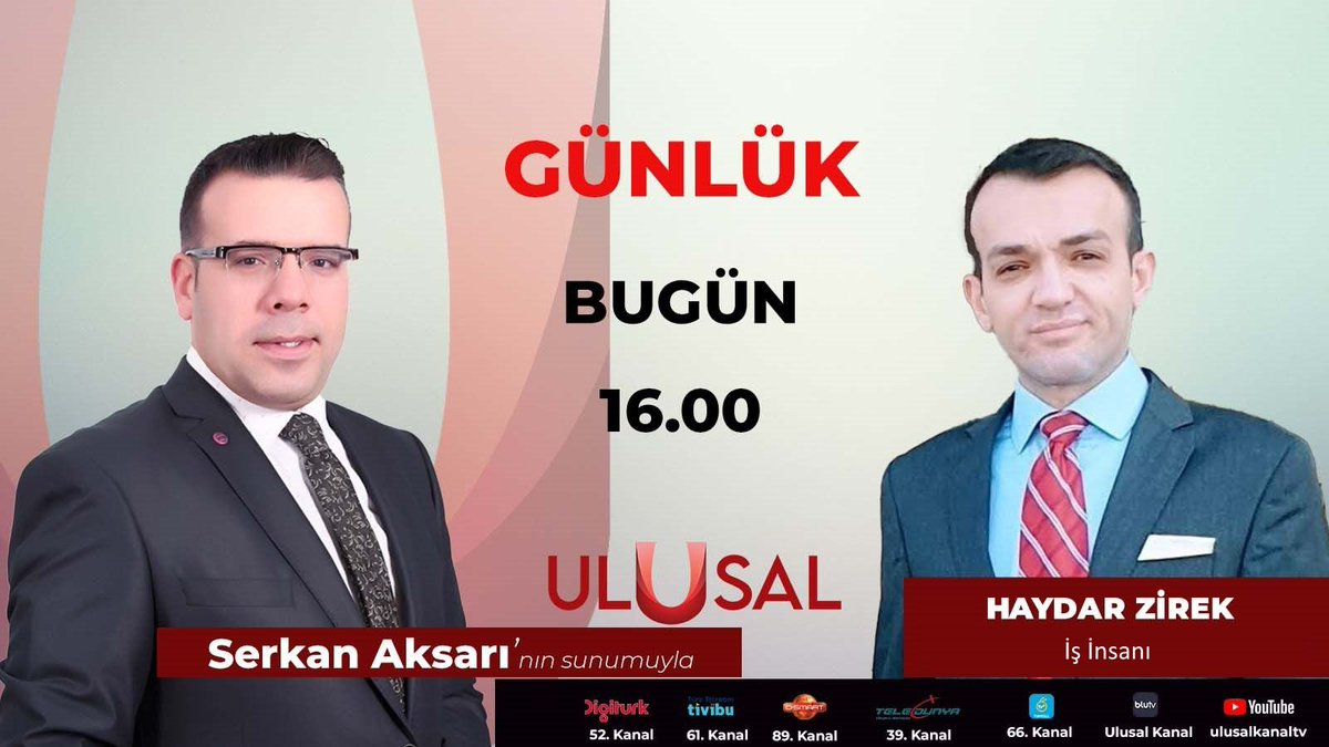 Bugün saat 16:00'da @ulusalkanal da Sn.Serkan Aksarı'nın 'Günlük' programında, yapılandırılacak Adli Para Cezasının #CekYasasıMagdurları nın infazlarına yapacağı etki ve seçim öncesi esnaf mağdurların beklentileri hakkında konuşacağız @RTErdogan