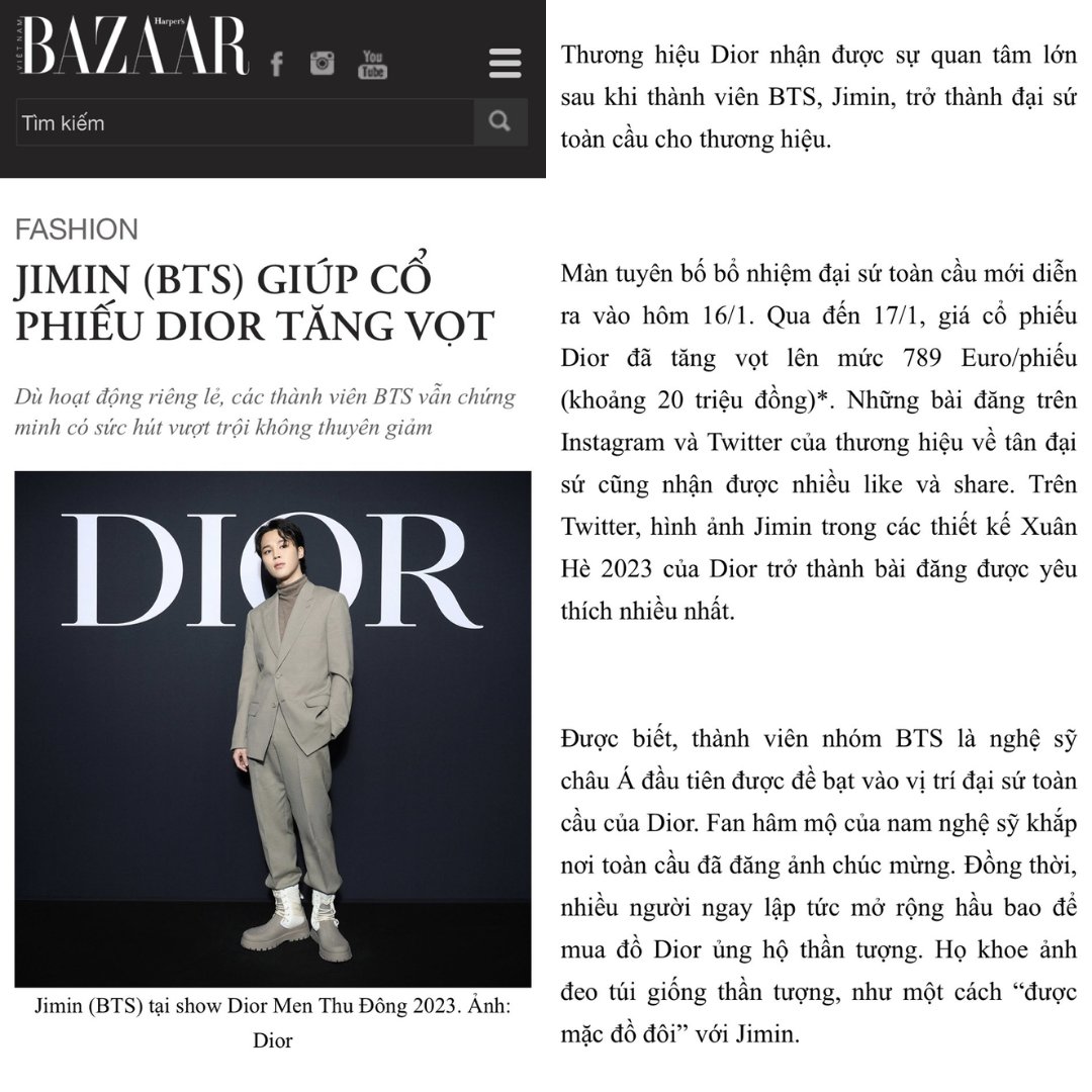 JIMIN DATA on X: Harper's Bazaar Vietnam reported on Jimin's appointment  as Global Ambassador helping @Dior stock prices to soar! ✨🔥 Dior received  great attention after BTS Jimin became the Global Ambassador