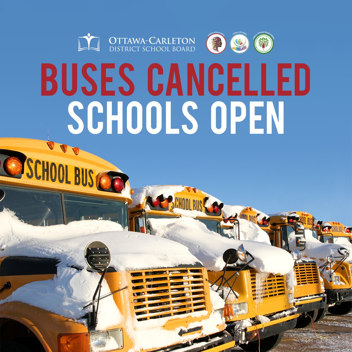 Alert: All school buses and vans serving the OCDSB are cancelled today, Jan 26, 2023, due to poor weather conditions. 
There will be no evaluation tasks/exams today. Schools are still open. Parents can drop off their children at school and pick them up at regular bell times.