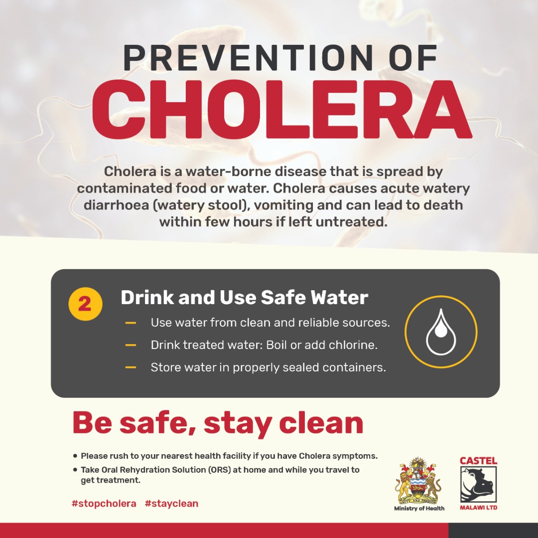 Friendly reminder that drinking and using safe water goes a long way in preventing cholera infections. 
#stopcholera #stayclean #drinkingcleanwater #choleraprevention #CastelMalawiLimited #Malawi