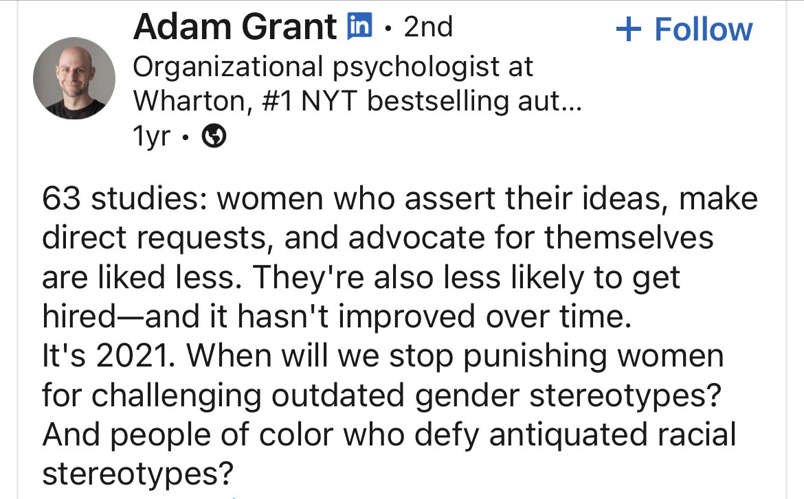 Hi @AdamMGrant could you fix this? The meta-analysis you’re referring to here isn’t talking about advocating. It’s talking about asserting dominance. Very different things. When you tell women advocating =liked less, less hired, you stop them from advocating.Would love to discuss