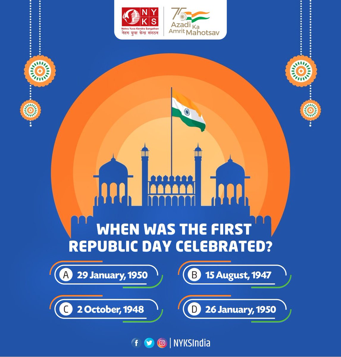MYBharatHQ's tweet photo. Quiz of the Day!

When was the first Republic Day Celebrated?

#quiz #RepublicDay #26january #RepublicDay2023 https://t.co/vZ3pk7pnL3