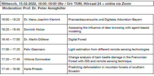 ForestManagement@TU_Muenchen (@ifm_tum) on Twitter photo The third date of our seminar #silviculture, #ecosystemdynamics & #forestplanning is coming up. Moderated by Prof. Dr. Annighöfer various research projects will be presented on 15.02.2023 at 4 p.m.. If you want to join via Zoom please contact violeta.aramayo@tum.de. <a href="/edfm_tum/">Ecosystem Dynamics and Forest Management TU Munich</a> The third date of our seminar #silviculture, #ecosystemdynamics & #forestplanning is coming up. Moderated by Prof. Dr. Annighöfer various research projects will be presented on 15.02.2023 at 4 p.m.. If you want to join via Zoom please contact violeta.aramayo@tum.de. <a href="/edfm_tum/">Ecosystem Dynamics and Forest Management TU Munich</a>