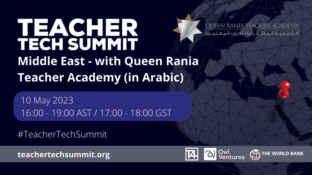 T4EduC's tweet photo. 5 - #TeacherTechSummit Middle East with Queen Rania Teacher Academy - @QRTAJO

📅 10 May 2023
⏰ 16:00 – 19:00 AST, 13:00 – 16:00 GMT
Languages: Arabic and English

Convert to your local time: https://t.co/fnb8ssCapQ”

#T4Education #TTS23 https://t.co/mNy9DoElbk