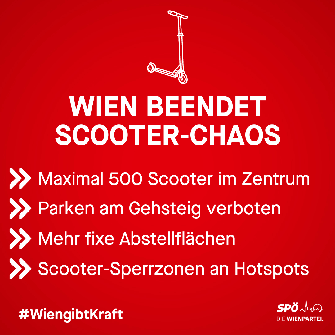 SP_Wien's tweet photo. Heute stehen die Scooter oft dort herum, wo sie nicht gebraucht werden und fehlen gleichzeitig, wo es Bedarf gibt. Deshalb führt die @Stadt_Wien neue Regeln ein, um das Scooter-Chaos zu beenden!🛴 #WiengibtKraft https://t.co/i1l6lGr7S8