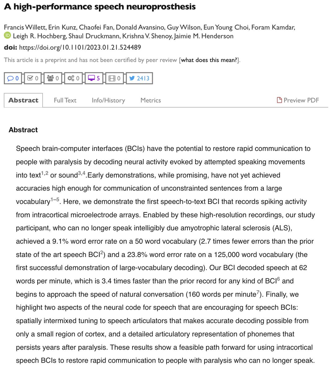 hplus's tweet photo. "Our BCI decoded speech at 62 words per minute, which is 3.4 times faster than the prior record for any kind of BCI6 and begins to approach the speed of natural conversation (160 words per minute7).
https://t.co/0lzOAdHdXV https://t.co/tKdZmDeDtw