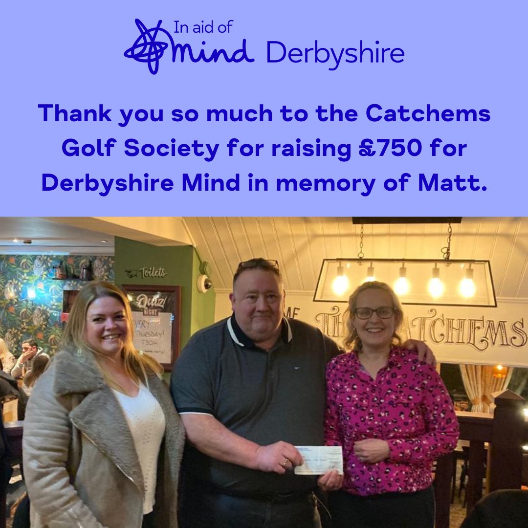 DerbyshireMind's tweet photo. Our CEO @jennyhotchkiss attended Catchems Golf Society's AGM last week to accept a donation in memory of Matt H.
Thank you so much from all of us at Derbyshire Mind - this donation will help us to help more people experiencing mental health problems in Derbyshire.
#mentalhealth https://t.co/AtyUh2PpyO