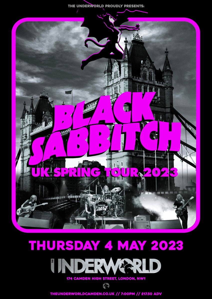 On Sale Now! 🦇 Handpicked by the likes of <a href="/MrsSOsbourne/">Sharon Osbourne</a>, <a href="/OzzyOsbourne/">Ozzy Osbourne</a> and Dave Grohl; announcing the all female <a href="/BlackSabbath/">BlackSabbath</a>... <a href="/Black_Sabbitch/">Black Sabbitch</a>! Thursday 4th May at <a href="/TheUnderworld/">The Underworld</a>.

🎟️ bit.ly/3CVlo2I

🎥 youtu.be/cTL0yzRRNQw