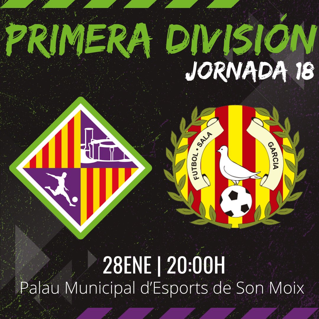 PalmaFutsal's tweet photo. 🔜 𝐏𝐑𝐎́𝐗𝐈𝐌𝐎 𝐏𝐀𝐑𝐓𝐈𝐃𝐎

1️⃣8️⃣ Jornada
⚽️ Mallorca Palma 🆚 @fsalagarcia 
📆 Sábado 28 de enero
⏰ 20:00 horas
🏟 Palau Municipal de Son Moix
📍 Palma
📺 @LaLigaSportsTV / streaming IB3
📻 IB3 Ràdio

#PrimeraDivisión
#MallorcaPalmaFutsal
#SOMMallorca
#SOMPalma https://t.co/oUdjbwRsqP