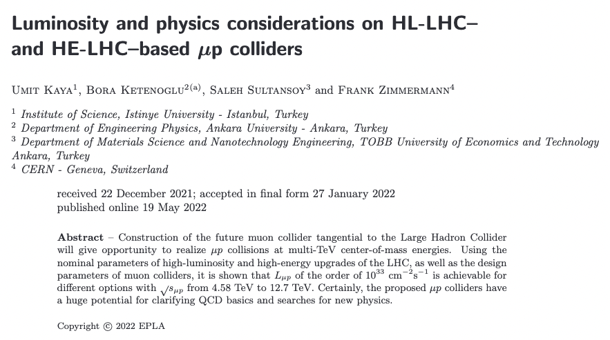 epl_journal's tweet photo. Luminosity and physics considerations on HL-LHC–and HE-LHC–based μp colliders by Umit Kaya, Bora Ketenoglu, Saleh Sultansoy and Frank Zimmermann @istinyeunivedu @AnkaraUni @tobbetum #LargeHadronCollider - https://t.co/jcsw4cTYyt https://t.co/m4a1EaUhtG