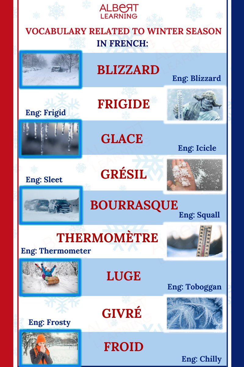 Albert_Learning's tweet image. It's the winter season. Some of us like it, some of us don't! Today, learn with us some interesting vocabulary related to winter season in French language. To know more in detail, book a lesson with us today! albert-learning.com/?campaign=FBgr…
#apprendrelefrançaisenligne #LearnLanguage