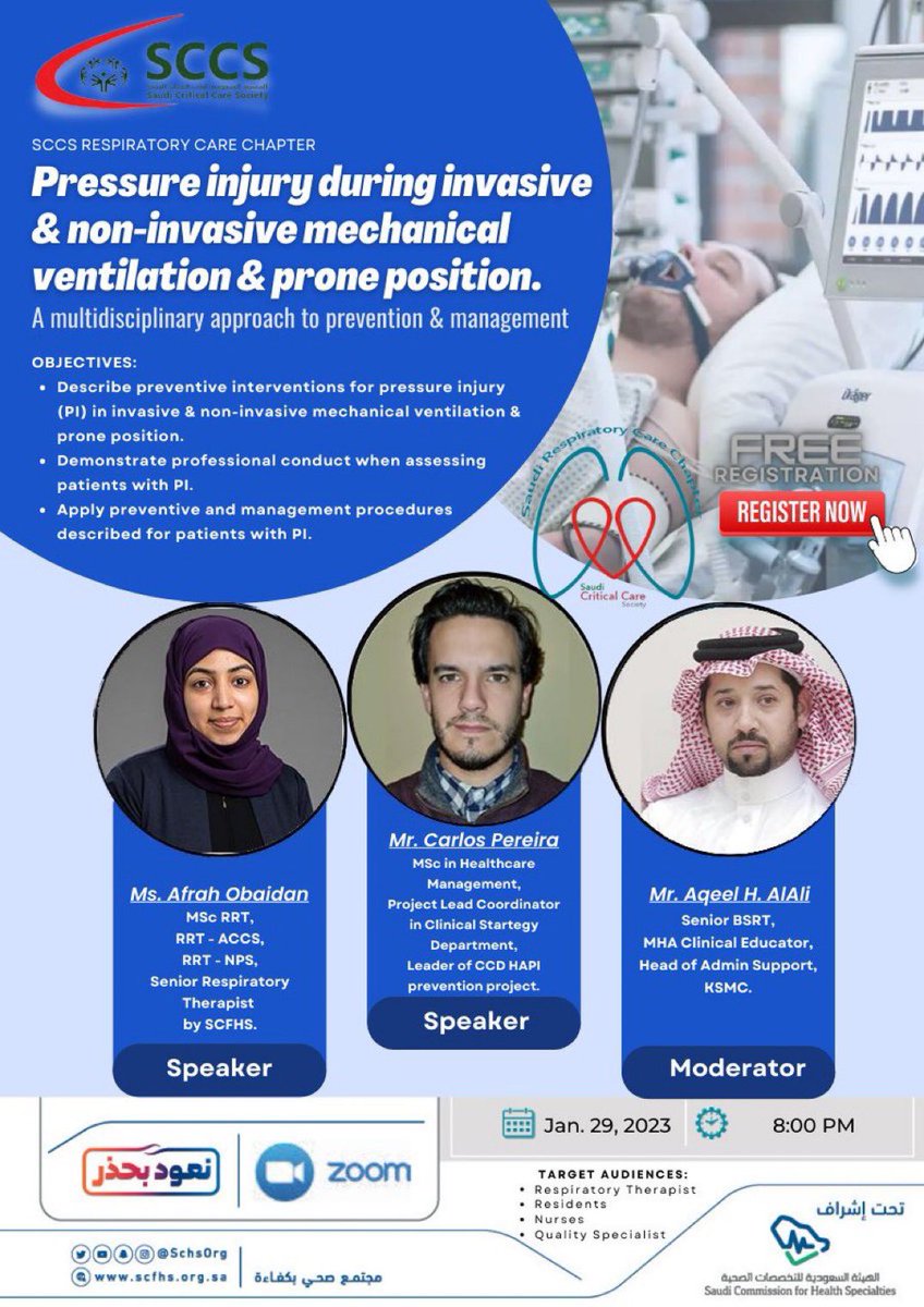 SCRC_1's tweet photo. Topic: Pressure injury during invasive &amp; non-invasive mechanical ventilation &amp; prone position

Time: Jan 29, 2023, 08:00 PM Riyadh

Join Zoom Meeting
https://t.co/Gq1lFP0TQ5?…

Meeting ID: 899 2058 0182
Passcode: 228838

Register here: https://t.co/kkwXiF9ezK https://t.co/yKdYnVbiaS
