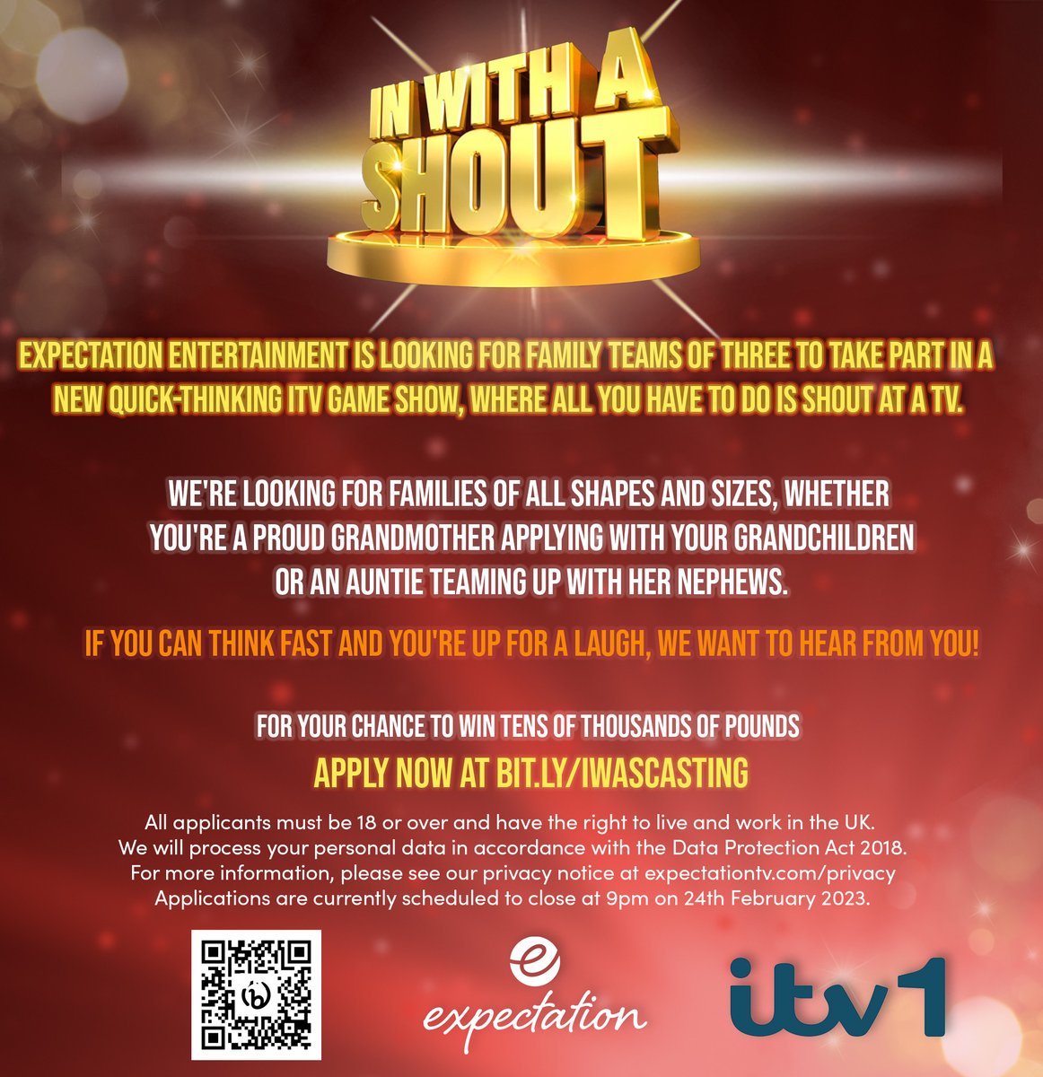Expectation Entertainment are looking for family teams of three for a fun new ITV game show. Details on how to get involved below! We'd love a RT @HallyCasting <a href="/laurahawkes/">Laura Hawkes</a> <a href="/JoSomner/">JO SOMNER</a> <a href="/AJ_TVCasting/">AJ Casting</a> <a href="/Rose_tinted1/">Ben Rose TV Casting</a> <a href="/JanetteHodds/">Janette TV CASTING</a> <a href="/JackTVCasting/">jacktv</a> <a href="/LucyCastingTV/">Lucy  Casting for TV</a> <a href="/Anu_Casting_TV/">Anu Casting TV</a>