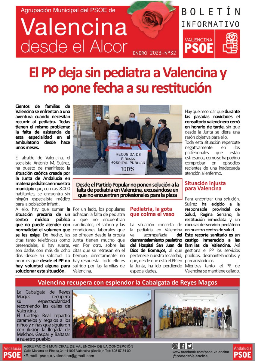PSOEdeVALENCINA's tweet photo. Nueva edición de Valencina desde el Alcor, revista de  Psoe de Valencina de la Concepción. 
Si quieres ponerte en contacto con  nosotros, puedes escribirnos a psoevalencinadelaconcepcion@gmail.com
#SomosPSOE #somosvalencina #pediatraya https://t.co/kHCfETJCZk