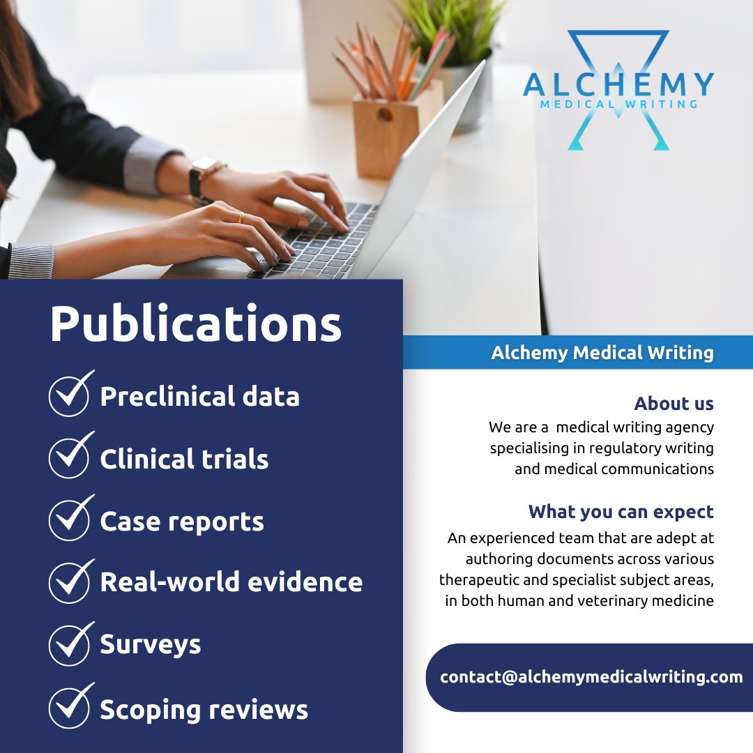From clinical trials to real-world evidence, we have experience in producing high-quality manuscripts, leading to publications in the #Lancet and the #NEJM. 

Get in touch today so we can help you get #published!

contact@alchemymedicalwriting.com

#publications #medicalwriting