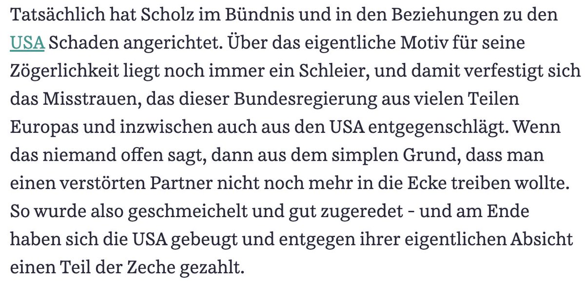 Stefan Kornelius, Politik-Chef der SZ (und langjähriger Außenpolitik-Chef): "Scholz hat im Bündnis und in den Beziehungen zu den USA Schaden angerichtet".