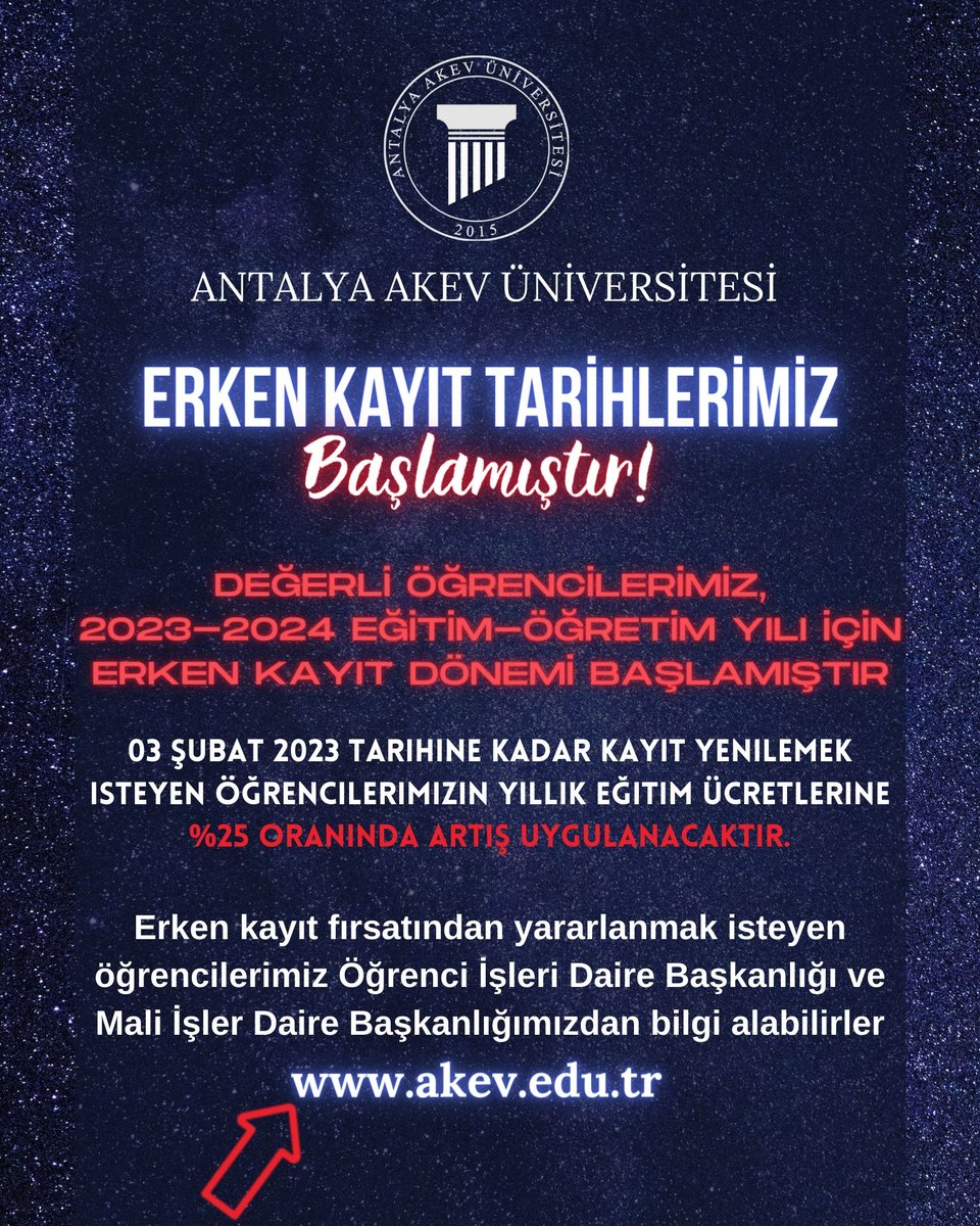 akevedutr's tweet photo. Erken Kayıt Tarihlerimiz Başlamıştır!

Detaylı bilgi için Öğrenci İşleri ve Mali İşler Daire Başkanlığı'nı arayabilirsiniz

📞 444 1 264
🌐 https://t.co/tQrfEmcBxg

#akevedutr #akevüniversitesi #antalyaakevüniversitesi #akevlife #kampüs #erkenkayıt #antalyaakevuniversity #antalya https://t.co/nFpxZHhmUt