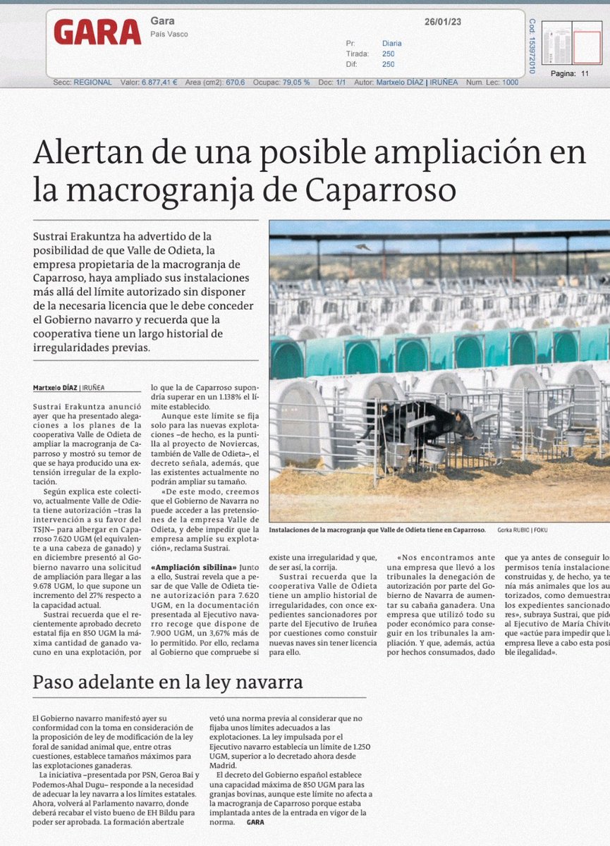 XabiMarrero's tweet image. Valle de Odieta, la empresa titular de la Macrogranja de #Caparroso (Navarra) quiere ampliar sus instalaciones a 9.678 UGM (equiv.cabezas de ganado).

@sustraierak denuncia que un nuevo decreto las limita a 850 UGM.

La ampliación es inadmisible.

by @MartxeloDiaz