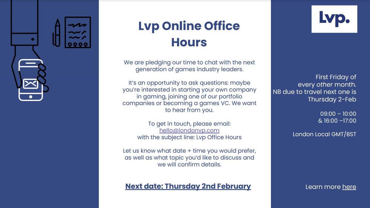 We'll be hosting our online office hours on Thursday 2nd February. To sign up email us with the title 'Lvp Online Office Hours' to book a slot, more info below or on our website - lnkd.in/eXUivrvN