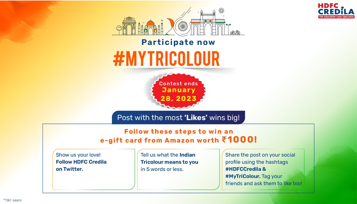 CredilaFinserv's tweet image. We celebrate our great nation today & every day and bow our heads in gratitude to our Motherland. Share your contest entries with us soon! 
*T&C apply tinyurl.com/3c47yvyk
#HDFCCredila #RepublicDayContest #RepublicDay2023 #ContestAlert #HappyRepublicDay #HappyRepublicDay2023