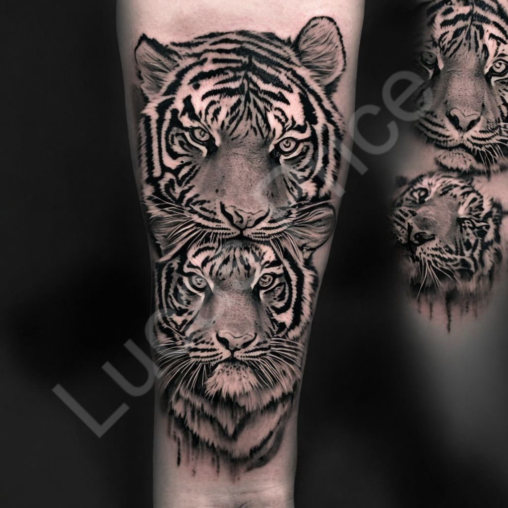 Black and white feminine tiger tattoo with floral design and filigree,  feminine tattoo idea | TattoosAI