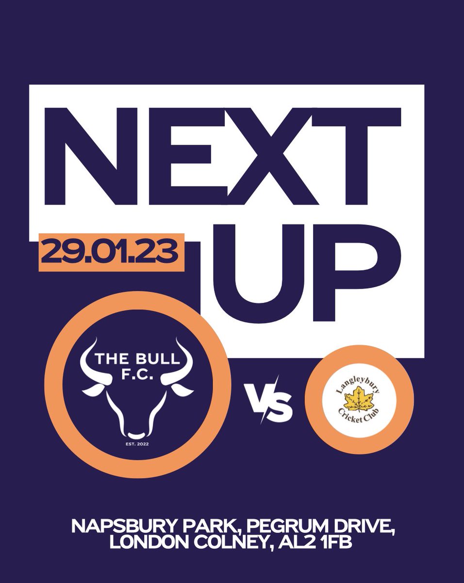 The Bull FC (@thebullfclc) on Twitter photo LAST 16 of the County Cup……. Huge game for the lads Sunday 🙏
🏆 Herts FA Sunday Intermediate Cup
🆚 <a href="/LangleyburyFC/">Langleybury CCFC (sunday)</a>
📆 Sunday 29th January
⏰ 10am Kick off
🏟️ Napsbury Park LAST 16 of the County Cup……. Huge game for the lads Sunday 🙏
🏆 Herts FA Sunday Intermediate Cup
🆚 <a href="/LangleyburyFC/">Langleybury CCFC (sunday)</a>
📆 Sunday 29th January
⏰ 10am Kick off
🏟️ Napsbury Park