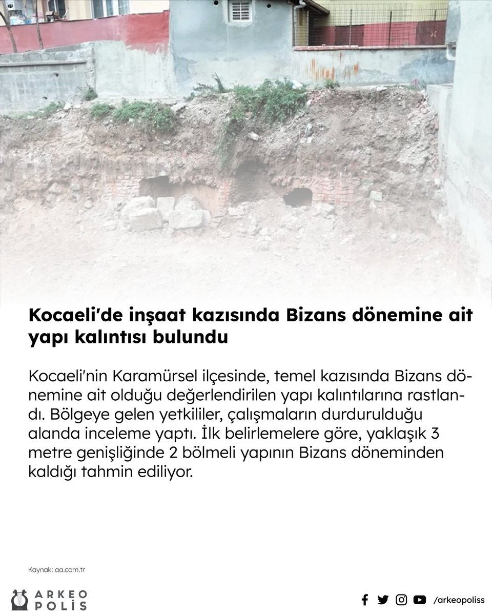 arkeopoliss's tweet photo. Kocaeli'de inşaat kazısında Bizans dönemine ait yapı kalıntısı bulundu https://t.co/4pQrs79C07